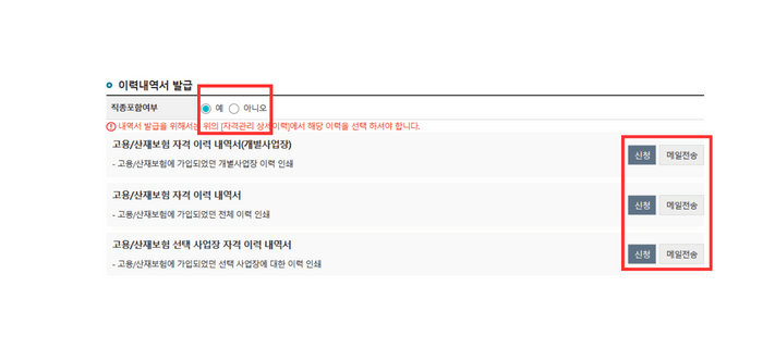 이력내역서 발급 창에서 직종포함여부 '예', '아니오' 부분과 오른쪽 하단 '신청', '메일전송' 부분이 빨간색 직사각형 안에 있다.