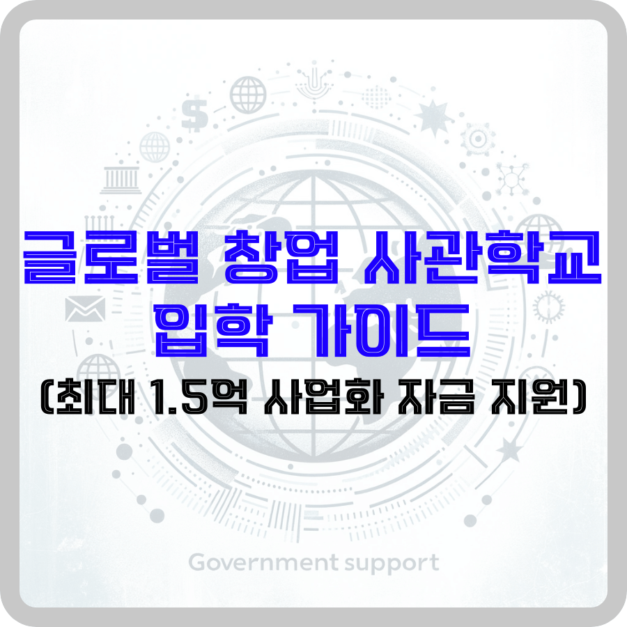 '글로벌 창업 사관학교 입학 가이드 (최대 1.5억 사업화 자금 지원)' 라는 텍스트와 함께 정부 지원을 상징하는 다양한 아이콘들이 표시되었다. 푸른색과 흰색 조화로 미래 지향적인 기술 및 글로벌 비즈니스 환경을 나타내는 디자인 요소가 강조되어 있으며, 창업가들을 위한 정부의 지원 프로그램을 알리는 내용이 아이콘으로 포함되어 있다. 이미지 하단에는 'Government support'라는 문구가 있어, 이 프로그램이 정부의 지원을 받는다는 것을 강조하고 있다.
