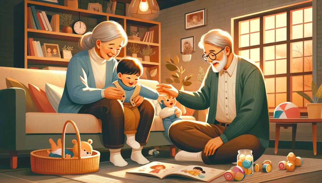 햇볕이 잘 드는 아늑한 거실에서 조부모와 손자 사이의 다정한 순간을 포착한 훈훈한 일러스트레이션입니다. ㅍ하늘색 가디건과 하얀색 목폴라를 입은 머리가 하얀 할머니는 웃고있는 남자아이를 사랑스럽게 안아주고, 녹색 겉옷과 하얀색 셔츠 그리고 안경을 쓴 백발의 할아버지는 아이의 머리를 부드럽게 쓰다듬으려고 앉은 상태에서 오른손을 뻗고 있습니다. 둘 다 다정하게 미소 짓습니다. 방에는 편안한 소파, 추억이 가득한 책장, 양탄자 위에 흩어져 있는 아이들의 장난감이 장난스럽게 꾸며져 있습니다. 동화책이 펼쳐져 있고, 창문을 통해 들어오는 저녁 햇살의 따스한 빛에 둘러싸여 가족의 사랑과 보살핌의 분위기를 조성하고 있습니다.