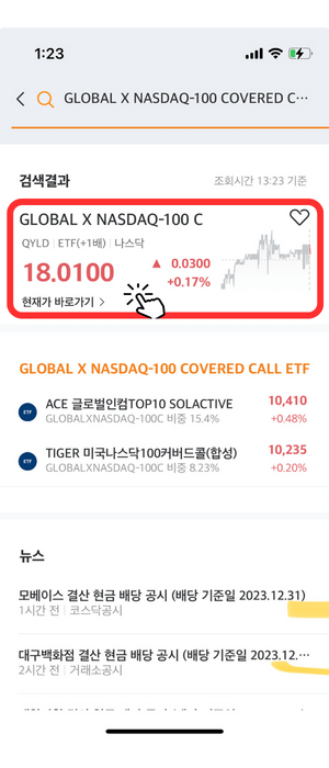 'GLOBAL X NASDAQ-100 COVERD C ···' 상품을 눌러 생성된 창으로서 검색 결과 하단에 18.0100, 0.0300, +0.17% 상승했음을 알려주는 해당 상품 아래 '현재가 바로 가기' 눌러야 함을 빨간색 테두리와 손가락 아이콘으로 알려주고 있습니다.