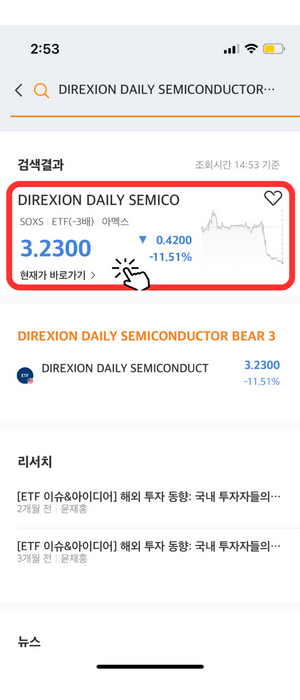 'DIREXION DAILY SEMICONDUCTOR···' 상품을 눌러 생성된 창으로서 검색결과 하단에 3.2300, 0.4200, -11.51% 하락했음을 알려주는 해당 상품 아래 '현재가 바로가기' 눌러야 함을 빨간색 테두리와 손가락 아이콘으로 알려주고 있습니다.