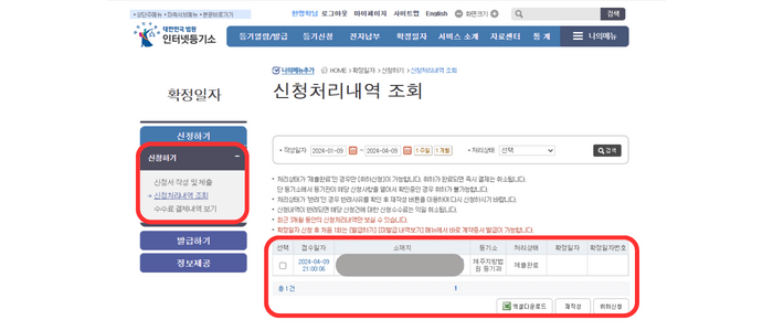확정일자 인터넷 확인 가능한 창으로서 왼쪽 '신청 처리 내역 조회'가 클릭되어 있으며 04.09일 날 신청한 건이 보이면 아직 '제출 완료' 단계임을 빨간색 테두리로 강조하고 있습니다.