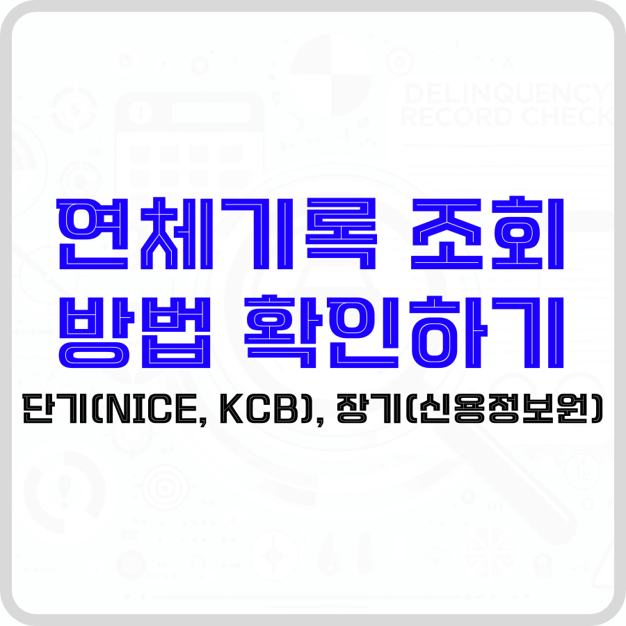 '연체기록 조회 방법 확인하기 단기(NICE, KCB), 장기(신용정보원)'라는 문구가 배경 가운데 파란색, 검은색 글자로 강조되고 있습니다. 배경은 돋보기 모양 아이콘이 가운데 크게 보이며 그 위로 달력 모양 아이콘 등 희미하게 보이고 있습니다.