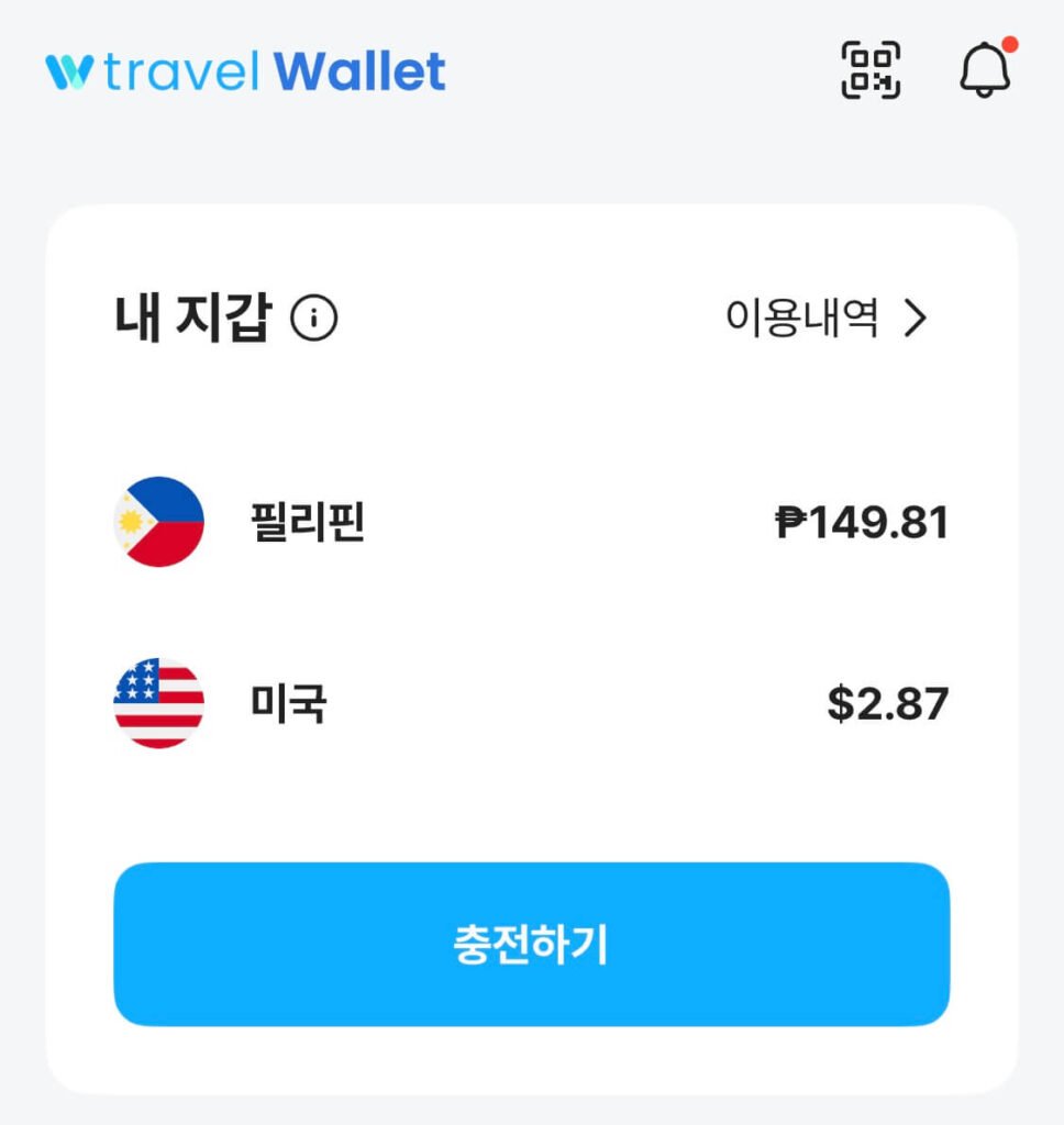 travel wallet 스마트폰 앱입니다.아래 내 지갑 부분에
필리핀 149.81페소
미국 2.87달러
가 있음을 알려주고 있습니다.