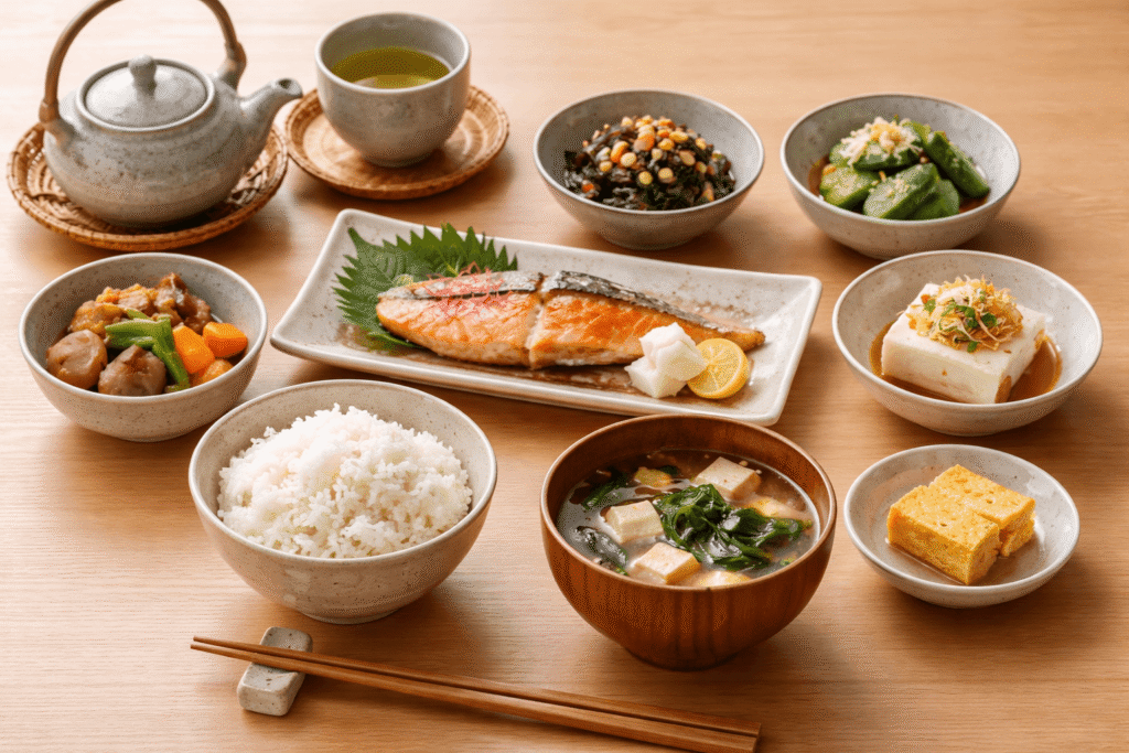 【画像の内容】丁寧に盛り付けられた和食の写真
箸を置いた状態、落ち着いた食卓のイメージ
【ALTテキスト】腹八分目の哲学を体現した和食の食卓
【おすすめ】Unsplash「japanese food table minimal」