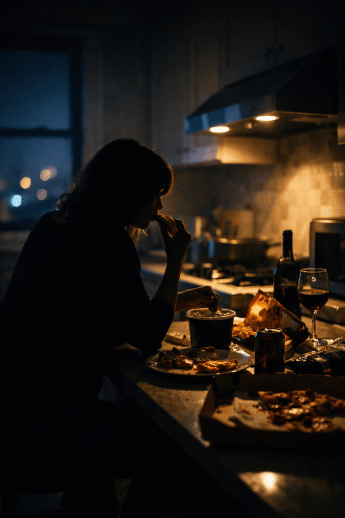 過食 【画像の内容】夜のキッチン、一人でいる女性のシルエット
【ALTテキスト】夜中に一人で過食してしまう女性のイメージ
【おすすめ画像サービス】Unsplash「lonely night kitchen woman」