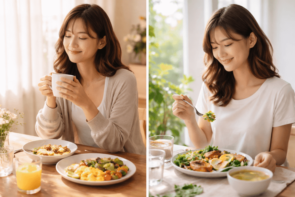 【画像の内容】朝日の中で穏やかに朝食を食べる女性 または、自然光の中で食事を楽しんでいる様子 【ALTテキスト】食事と穏やかに向き合う女性のイメージ 【おすすめ】Unsplash「woman peaceful breakfast morning」